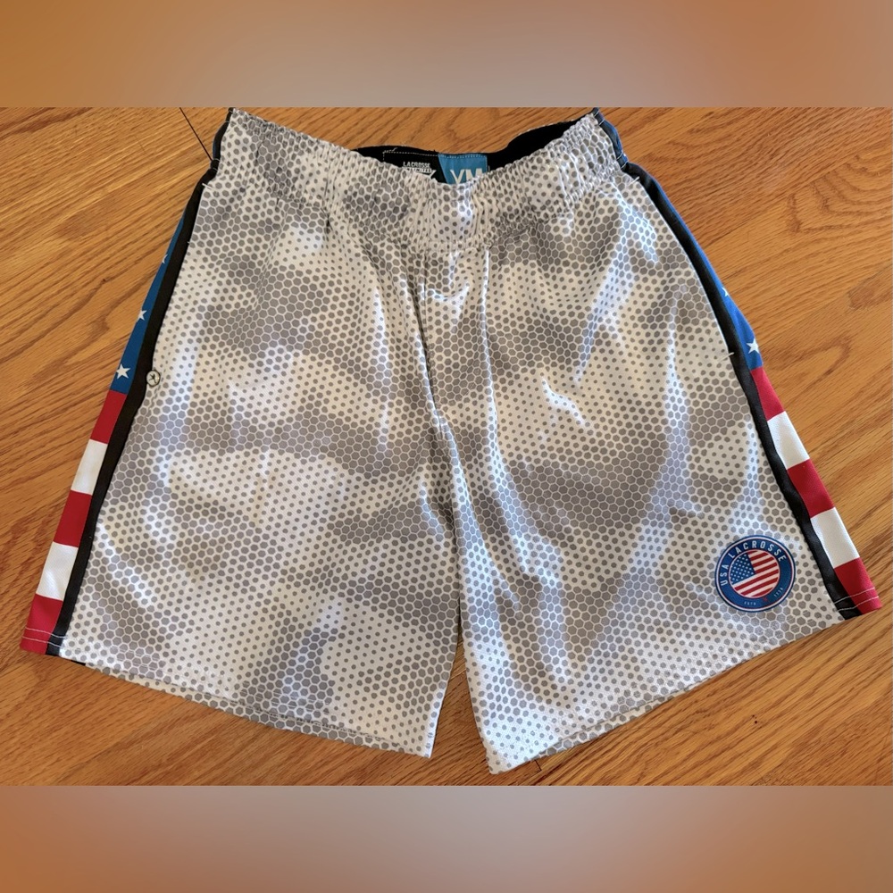 Lacrosse Unlimited Boys’ Lacrosse Shorts, patriotic Flag  design, size medium